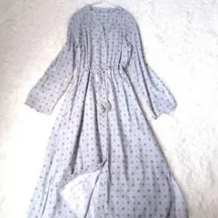 新品級✨　Lサイズ　小紋グレー長袖マキシワンピース　タッセルリボン　秋から羽織で