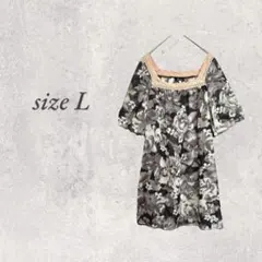 美品/半袖シアーチュニック/L/黒/花柄/涼しい/スクエアネック/No.2003