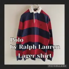 良品　ポロバイラルフローレン　ラガーシャツ　太ボーダー　刺繍　ネイビー　レッド