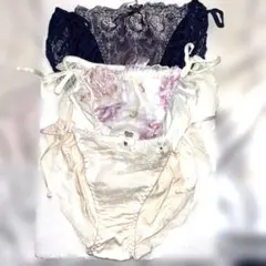 レース付き 紐ショーツ ネイビー 花柄ホワイト 薄ピンク ３点セット(L)