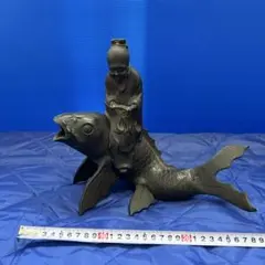 アンティーク日本囲炉裏の自在鉤（じざいかぎ）の横木木彫り魚民藝