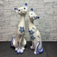 シャム猫 置物 陶器製 2体セット 花柄 インテリア オブジェ テープ跡