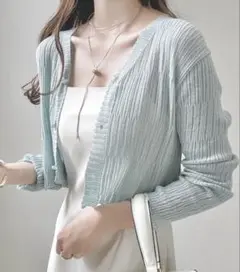 Ada. 透かしランダムリブVネッククロップドショートカーディガン