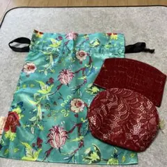 花柄巾着　赤色ポーチ　計3点セット　化粧ポーチ