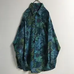 レトロ 古着 抽象的アート シルクシャツ 長袖 メンズ 青 緑 90s〜00s