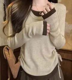 レイヤード風 リブニット ベージュ×ブラウン 長袖