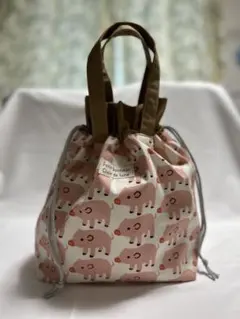 ハンドメイド 巾着トートバッグ ブタ 生成り