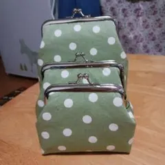 ♡グリーン水玉模様のがま口ポーチセット♡