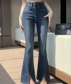 SHEIN フレアデニム スリット入り ダークブルー