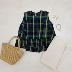 完売 ミズイロインド マドラスチェックレイヤードギャザースリーブ 