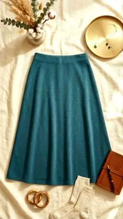 大きいサイズＬＬ　裏起毛マキシ丈フレアスカート　総ゴム　ターコイズ グリーン