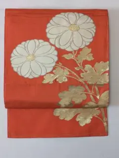 ✨ 厳選 【アンティーク】八寸名古屋帯 橙色 四角 唐草模様 全通柄 171