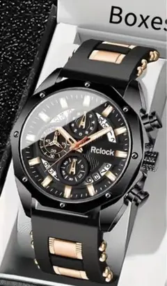 メンズ腕時計 クォーツ　ラバーベルト　日付カレンダー　BLACK x ゴールドのサムネイル