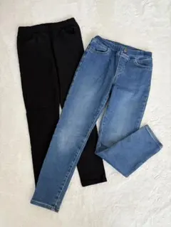 ブラック・デニム 裏起毛パンツ 2点セット