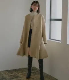 パールデザインダンボールニットフレアコート ロングコート フレア ノーカラー