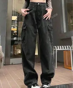 黒 カーゴデニムパンツ ルーズフィット ハイウェスト カーゴジーンズ