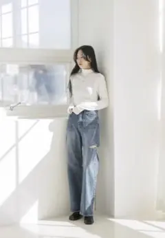 ハイウエストカッティングデニムワイドパンツ