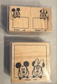 新品未開封 ミッキーミニー木製ラバースタンプ2セット。