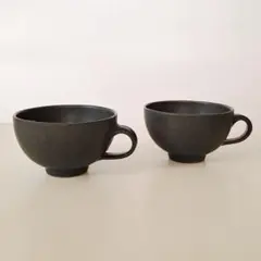 ​【訳あり】よしざわ窯 スープカップ 2客セット 黒 益子焼 金継ぎにも
