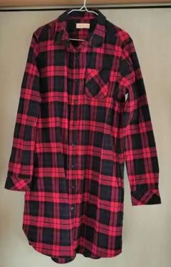 赤黒チェック 長袖シャツ ワンピース、チュニック