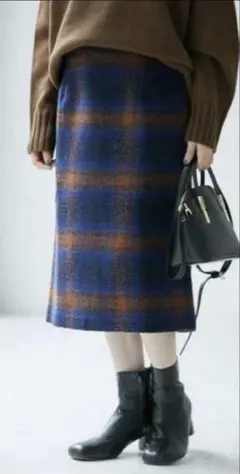 青・オレンジ チェック柄 タイトスカート