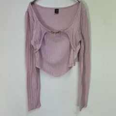 SHEIN クロップド ニット カーディガン ピンク Sサイズ リボンチャーム