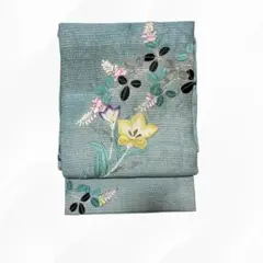 青緑色 花柄刺繍 名古屋帯