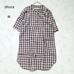 shuca シュカ チュニック チェック柄 バンドカラー M シャツ 綿 麻のサムネイル