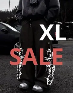 冬用 裏起毛 トライバル柄 ワイドパンツ ブラックメンズ レディース　XL