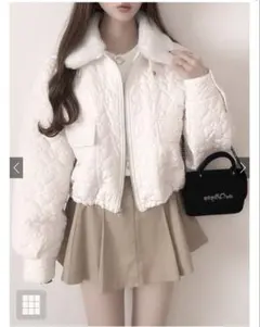 ファーカラーハートキルトブルゾン　アイボリー