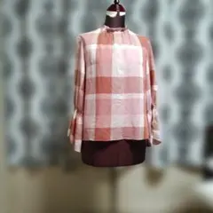 コ*店様 ピンクと白のチェック長袖ブラウス