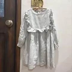 110 ハンドメイド　グレー フリル付き 長袖ワンピース