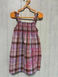 美品OshKosh 花柄刺繍つきチェック柄 ノースリーブ ワンピース100cmのサムネイル