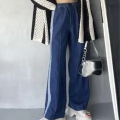 JEANASIS ジーナシス デニム フレア パンツ ライン ブルー フリー 綿