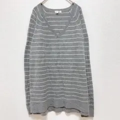 ギャップ ボーダー Ｖネック ラグラン チュニック ニット ビッグサイズ 灰 白のサムネイル