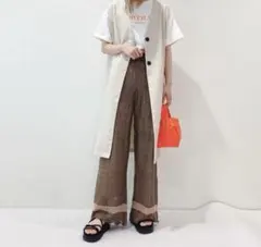 新品　透かし編み　ニットパンツ　ブラウン　L 裏地付　ウエストゴム