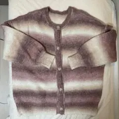 ピンク クリーム ストライプ カーディガン 長袖 春 ニット 韓国 FREE