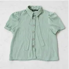 ZARA/半袖ブラウス/S/ボウタイ/ミントグリーン/パフ袖/リボン/サテン風
