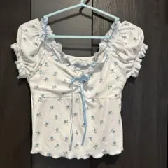花柄リボン付きリブ編みトップス