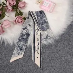 リボンスカーフ バッグスカーフ 英字　鳥　ネイビー　スカーフ　ヘアリボン ヘアメ