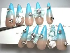 ネイルチップ 10個セット 青とヌードのグラデーション　水色ネイル