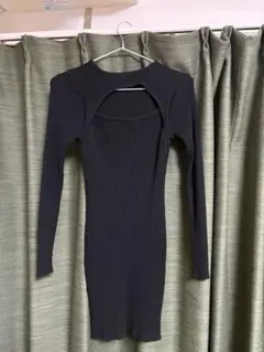 リブ編み 黒 長袖ミニワンピース mirvas