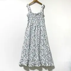 胸元シャーリングゴムに裾フリルのノスタルジック花柄ロングフレアワンピース