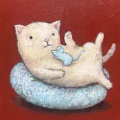 自作絵画 花が咲いたよ 猫とネズミの絵 絵画 原画 アクリル画 イラスト