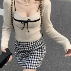 《即日発送》elmyu ミニリボンキャミ＋カーデデザイントップス Mセットアップ