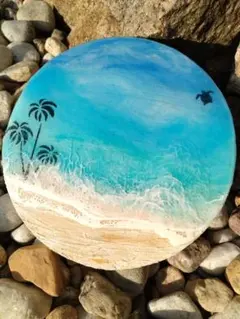 ハワイアン感ある海　サークル　オーシャンアート　インテリアパネル　波レジンアート