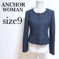 ANCHOR WOMAN ノーカラーツイードジャケット　セレモニー【9】ネイビー