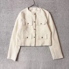 ノーカラージャケット　金ボタン　ツイード調　クロップド　オフオワイト　M相当