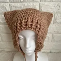 猫耳ニット帽　ピンクベージュ　かぎ編み　ニット帽子　ハンドメイド　耳あて付き