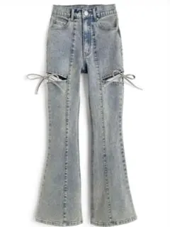 未使用 サイドカットアウトリボンフレアデニムパンツ[cu578] GRL